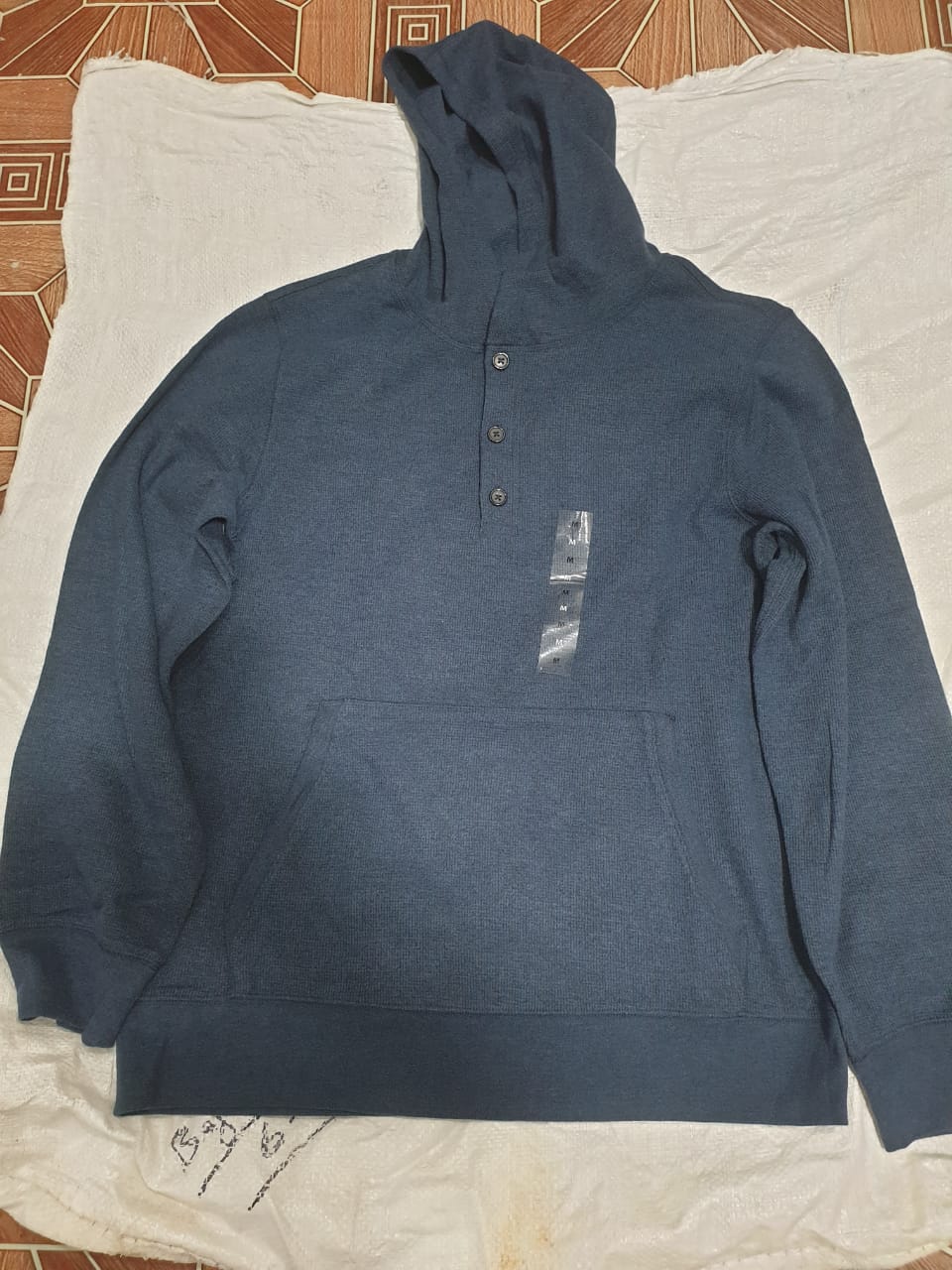 Men's Blue Henley Waffle-Knit Pullover Hoodie